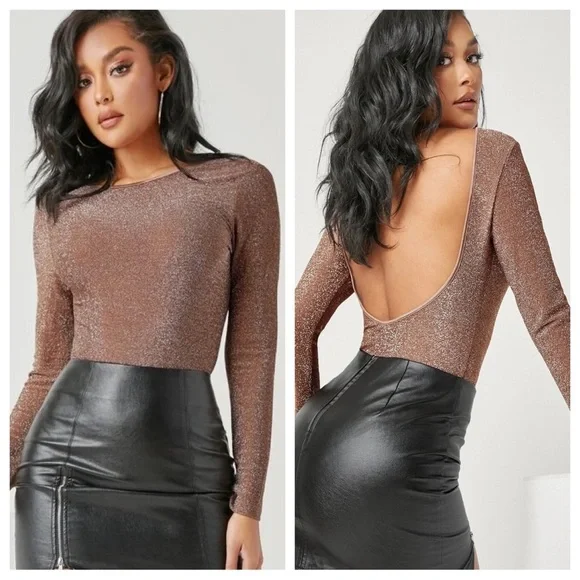 Shein METALLIC bronze STRETCH BODYSUIT open back BLOUSE SHIRT - Picture 12 of 15